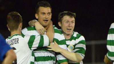 Donegal Celtic players celebrate Mark Miskimmin's late equaliser against Portadown