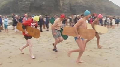 Bellyboarders at Chapel Porth