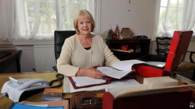 Ex-Welsh secretary Cheryl Gillan at her desk in the Welsh Office, Gwydr House, Whitehall, London