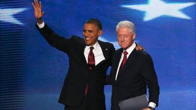 Barack Obama and Bill Clinton on stage, 5 Sep