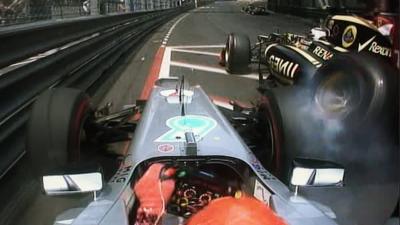 Romain Grosjean and Michael Schumacher crash at Monaco GP