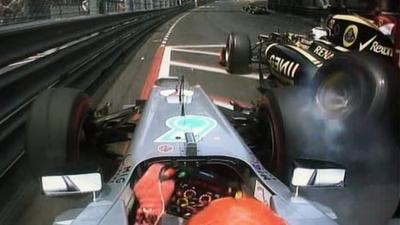 Romain Grosjean and Michael Schumacher crash at Monaco GP