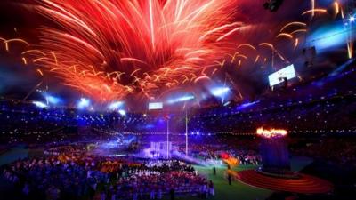 Fireworks light up the stadium at the closing ceremony of the London 2012 Paralympic Games at Olympic Stadium