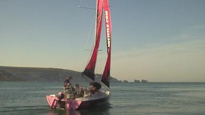 Natasha Lambert's boat with the Needles in the background