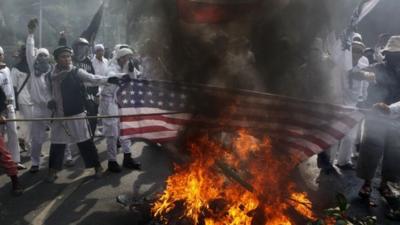 American flag is burnt in Jakarta, Indonesia