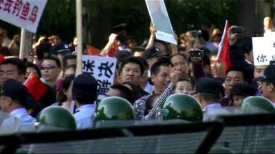 Protesters gathered outside the Japanese embassy in Beijing