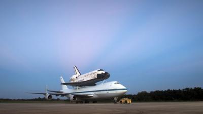 US Space shuttle Endeavour is seen atop NASA"s Shuttle Carrier Aircraft