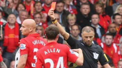 Jonjo Shelvey is shown a red card