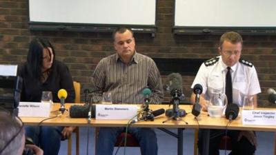 Megan Stammers' parents Danielle Wilson and Martin Stammers alongside Chief Inspector Jason Tingley