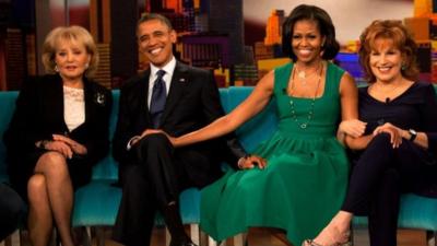 President Barack and Michelle Obama with Barbara Walters (L) and Joy Behar(R) on the set of The View on ABC-TV (24 Sept 2012)