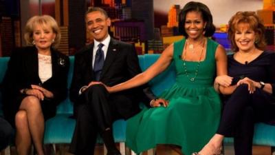 President Barack and Michelle Obama with Barbara Walters (L) and Joy Behar(R) on the set of The View on ABC-TV (24 Sept 2012)