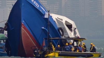 The bow of the Lamma lV boat partially submerged