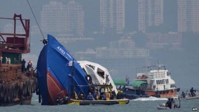 The Lamma IV pleasure boat, which partially sank off Hong Kong's Lamma island on Monday night, is recovered on Tuesday