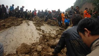 Scene of landslide in Yiliang, Yunnan, China on 4/10/12