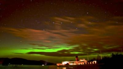 Northern Lights seen from shore of Loch Lomond