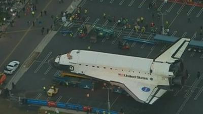 The retired space shuttle Endeavour in a Los Angeles car park