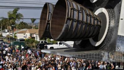 The engine exhausts of the US space shuttle Endeavour