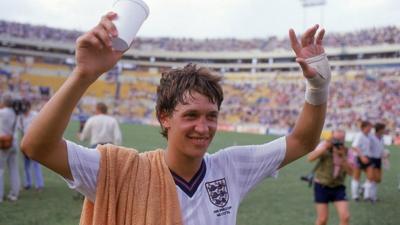 Gary Lineker celebrates his hat-trick for England against Poland