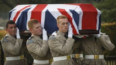 RAF officers carry a coffin with the remains of a crew member