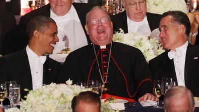 President Barack Obama, Roman Catholic Cardinal and Archbishop of New York Timothy Dolan and Republican presidential candidate Mitt Romney