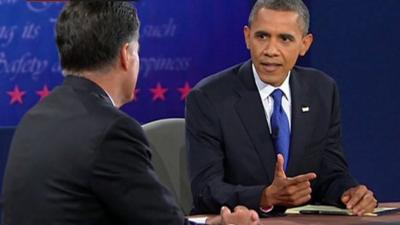 Barack Obama and Mitt Romney during their third election debate