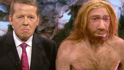 BBC Breakfast presenter Bill Turnbull and a model of a pre-historic man