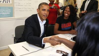 President Obama meets campaign volunteers