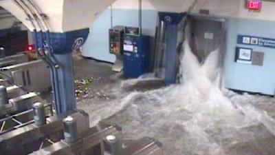 CCTV photo released by The Port Authority of New York shows flood waters from Hurricane Sandy rushing in to the Hoboken PATH station through an elevator shaft