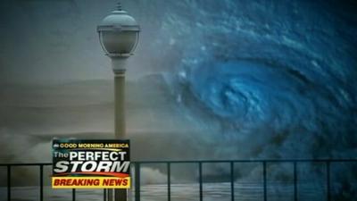 ABC news graphic showing battered boardwalk and satellite image of Sandy