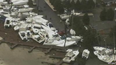 Boats stacked up on the coast of New Jersey