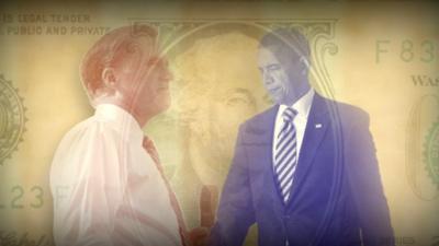 Obama and Romney illustration in front of dollar bill