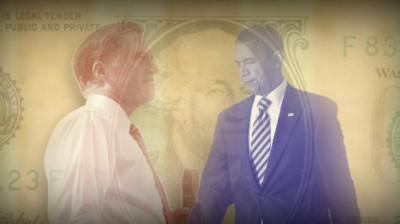 Obama and Romney illustration in front of dollar bill