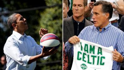 President Barack Obama plays basketball (l), Mitt Romney receives a Boston Celtics jersey (r)