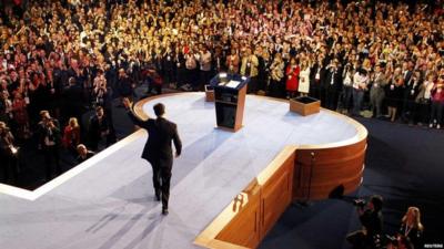 Republican presidential nominee Mitt Romney delivers his concession speech during his election night rally in Boston, Massachusetts