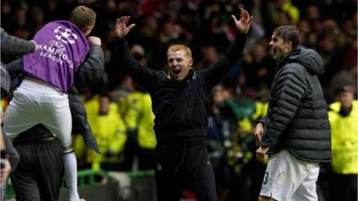 Celtic manager Neil Lennon celebrates Tony Watt's goal against Barcelona