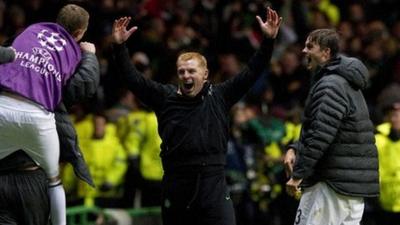 Celtic manager Neil Lennon celebrates Tony Watt's goal against Barcelona