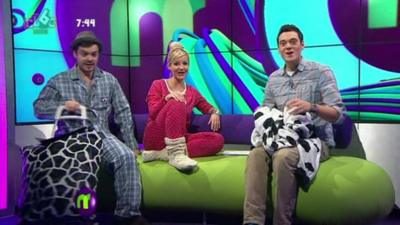 Blue Peter presenters Helen and Barney invading Newsround while Joe is presenting