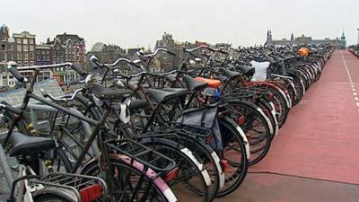 Bicycles in a row in the Netherlands