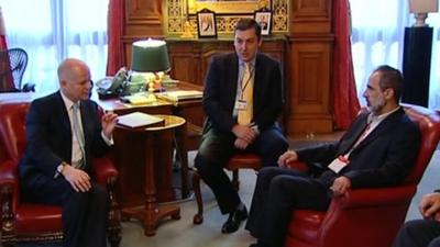 UK Foreign Secretary William Hague with Syrian opposition leader President Ahmed Moaz al-Khatib