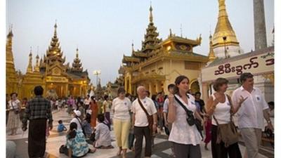 Foreign tourists at the Shwedagon pagoda in Yangon, Myanmar