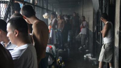 Inmates in a corridor in Ciudad Barrios, San Salvador