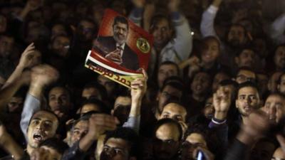 Demonstrators with poster of President Mursi