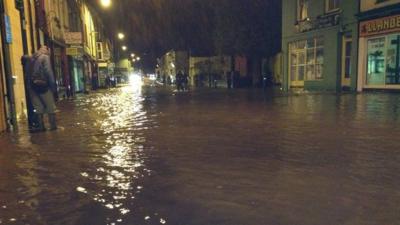 Llanberis High Street was still underwater late into Thursday evening