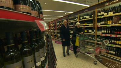 Bottles of wine in supermarket