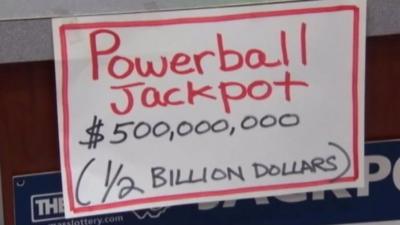 A sign reading Powervall Jackpot $500,000