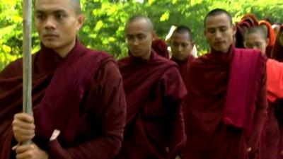 Monks in Burma on a protest march against expansion of a copper mine