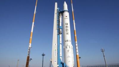 The Korea Space Launch Vehicle-1, South Korea's third space rocket, sits on its launch pad at the Naro Space Centre in Goheung, South Korea