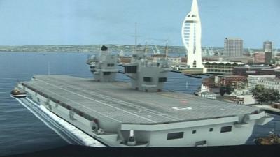 A computer generated image of the carrier in Portsmouth Harbour