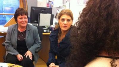 Rhoda Grant MSP, BBC Scotland's Fiona Walker and a woman interviewee