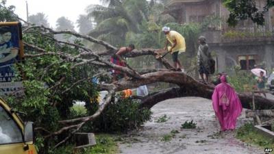 Workers clear a road with a fallen tree after Typhoon Bophal hit the city of Tagum, Davao del Norter province
